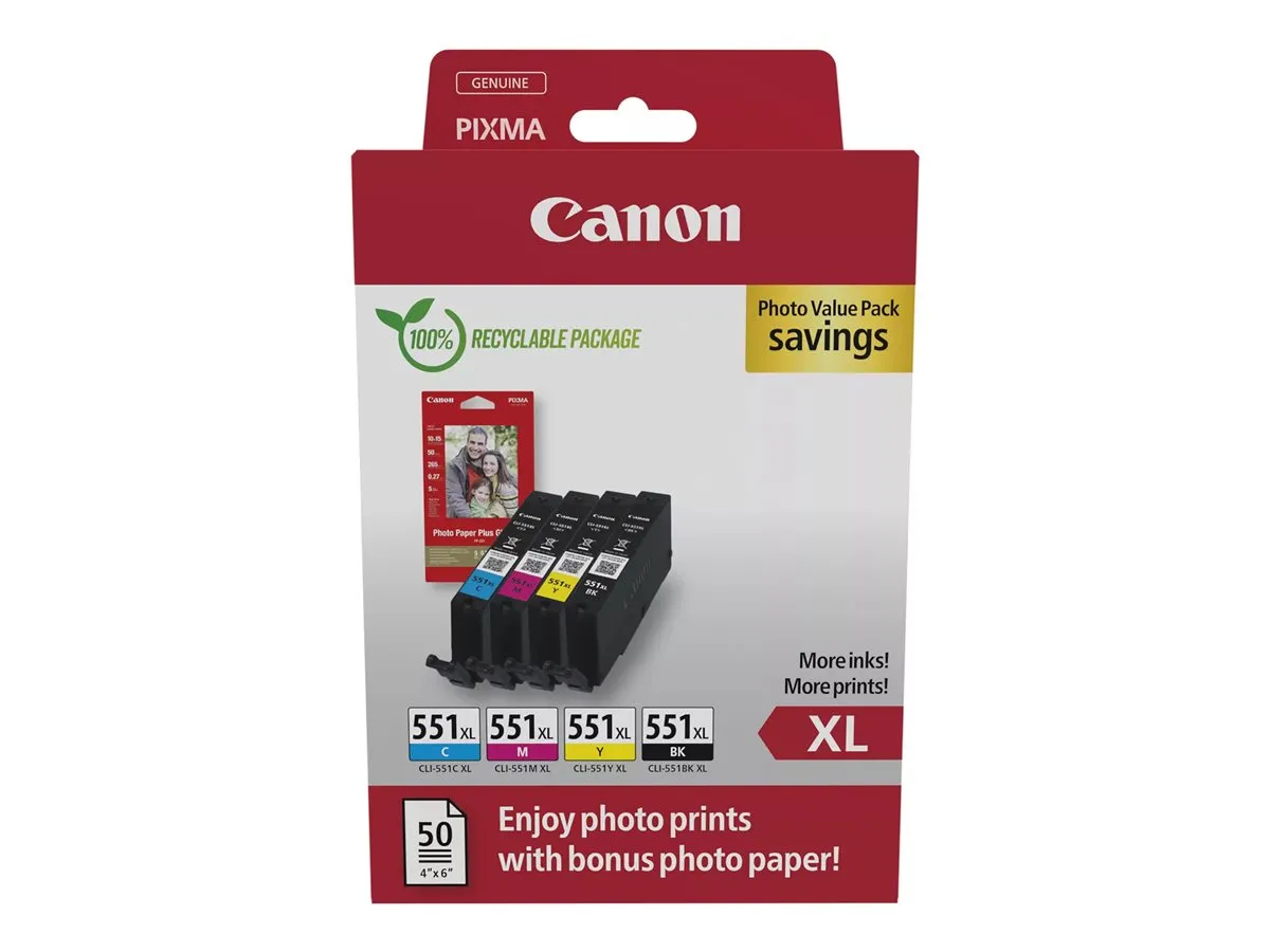 Canon CLI-551XL / 6443B008 Tinten Sparset cyan, magenta, gelb, schwarz (4 Stück) (inkl. 50 Blatt Fotopapier)